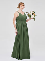 Robes Demoiselle d'honneure avec Deux Bretelles Mousseline Olive Verte Grande Taille