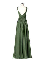 Robes Demoiselle d'honneure avec Deux Bretelles Mousseline Olive Verte