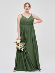 Robes Demoiselle d'honneure avec Deux Bretelles Mousseline Olive Verte Grande Taille