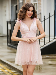 Robe de retrouvailles A-ligne avec col en V et sequins Rose Pâle