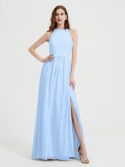 Licou Mousseline Simple Robe Avec Fente Bleu Ciel