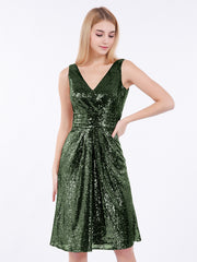 Col en V Courte Paillettes Dentelle Robe Olive Verte