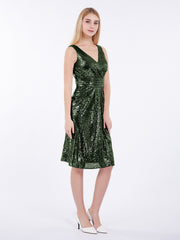 Col en V Courte Paillettes Dentelle Robe Olive Verte Grande Taille