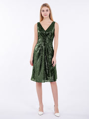 Col en V Courte Paillettes Dentelle Robe Olive Verte