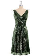 Col en V Courte Paillettes Dentelle Robe Olive Verte