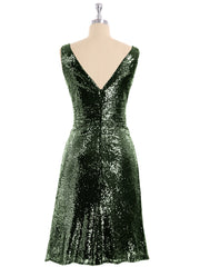 Col en V Courte Paillettes Dentelle Robe Olive Verte