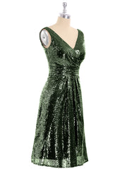 Col en V Courte Paillettes Dentelle Robe Olive Verte