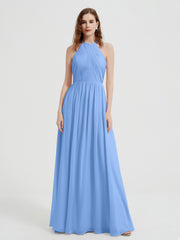 Licou Mousseline Robes Avec Corsage Plissé Bleu