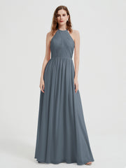 Licou Mousseline Robes Avec Corsage Plissé Bleu de Schiste