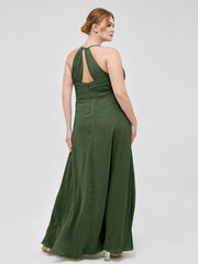Robe de Demoiselle d'Honneur Élégante à Bretelles Spaghetti avec Col en V Olive Verte Grande Taille