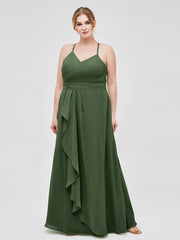Robe de Demoiselle d'Honneur Élégante à Bretelles Spaghetti avec Col en V Olive Verte Grande Taille