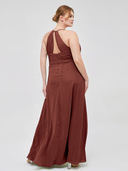 Robe de Demoiselle d'Honneur Élégante à Bretelles Spaghetti avec Col en V terracotta Grande Taille