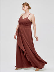 Robe de Demoiselle d'Honneur Élégante à Bretelles Spaghetti avec Col en V terracotta Grande Taille