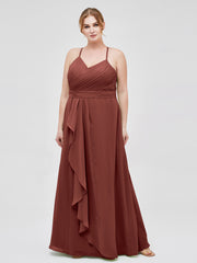 Robe de Demoiselle d'Honneur Élégante à Bretelles Spaghetti avec Col en V terracotta Grande Taille