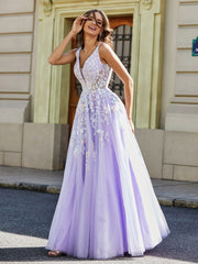 Robe Appliquée en Tulle Dentelle à Col en V Plongeant Lilas