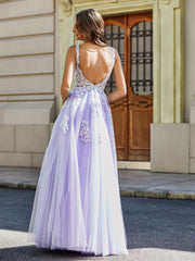 Robe Appliquée en Tulle Dentelle à Col en V Plongeant Lilas