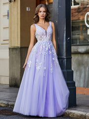 Robe Appliquée en Tulle Dentelle à Col en V Plongeant Lilas