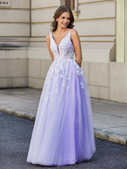 Robe Appliquée en Tulle Dentelle à Col en V Plongeant Lilas