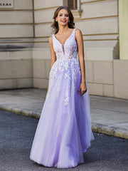 Robe Appliquée en Tulle Dentelle à Col en V Plongeant Lilas