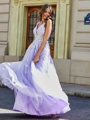 Robe Appliquée en Tulle Dentelle à Col en V Plongeant Lilas