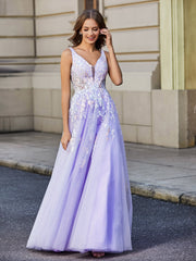 Robe Appliquée en Tulle Dentelle à Col en V Plongeant Lilas