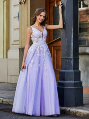 Robe Appliquée en Tulle Dentelle à Col en V Plongeant Lilas