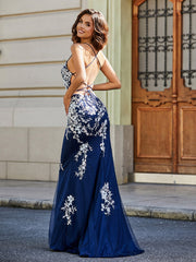 Robe Sirène Appliquée Dos Nu en Tulle Dentelle Bleu Marine