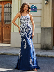 Robe Sirène Appliquée Dos Nu en Tulle Dentelle Bleu Marine