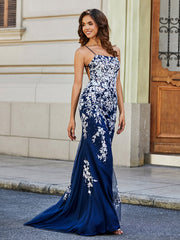 Robe Sirène Appliquée Dos Nu en Tulle Dentelle Bleu Marine