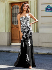 Robe Sirène Appliquée Dos Nu en Tulle Dentelle Noir