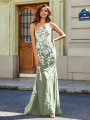 Robe Sirène Appliquée Dos Nu en Tulle Dentelle Sauge Poudrée Grande Taille