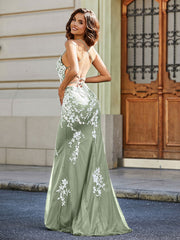 Robe Sirène Appliquée Dos Nu en Tulle Dentelle Sauge Poudrée Grande Taille