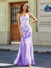 Robe Sirène Appliquée Dos Nu en Tulle Dentelle Lilas