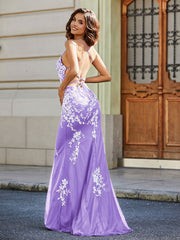 Robe Sirène Appliquée Dos Nu en Tulle Dentelle Lilas
