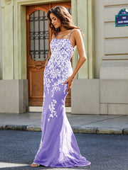 Robe Sirène Appliquée Dos Nu en Tulle Dentelle Lilas Grande Taille