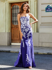 Robe Sirène Appliquée Dos Nu en Tulle Dentelle Bleu Royale