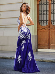 Robe Sirène Appliquée Dos Nu en Tulle Dentelle Bleu Royale