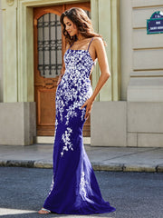 Robe Sirène Appliquée Dos Nu en Tulle Dentelle Bleu Royale