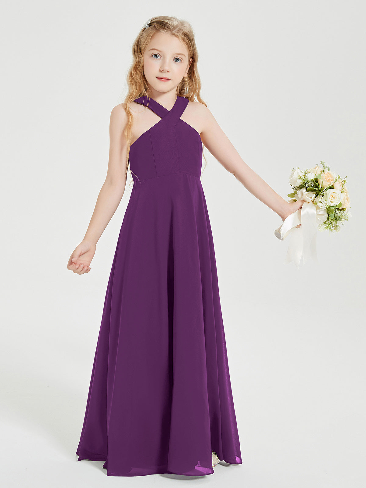 Robes de Demoiselles d'Honneur Junior Longues à Décolleté Grec Raisin
