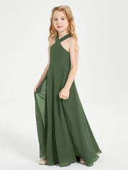 Robes de Demoiselles d'Honneur Junior Longues à Décolleté Grec Olive Verte