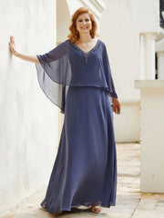 Robe de A-ligne en Mousseline à Col en V avec Volants Perlé en Cascade Orageux