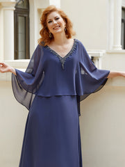 Robe de A-ligne en Mousseline à Col en V avec Volants Perlé en Cascade Orageux Grande Taille