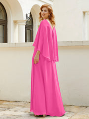 Robe de A-ligne en Mousseline à Col en V avec Volants Perlé en Cascade Azalée