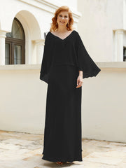 Robe de A-ligne en Mousseline à Col en V avec Volants Perlé en Cascade Noir