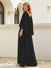 Robe de A-ligne en Mousseline à Col en V avec Volants Perlé en Cascade Noir Grande Taille
