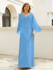 Robe de A-ligne en Mousseline à Col en V avec Volants Perlé en Cascade Bleu Grande Taille