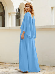 Robe de A-ligne en Mousseline à Col en V avec Volants Perlé en Cascade Bleu Grande Taille