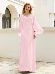Robe de A-ligne en Mousseline à Col en V avec Volants Perlé en Cascade Rose Pâle Grande Taille
