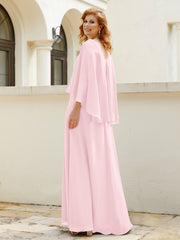 Robe de A-ligne en Mousseline à Col en V avec Volants Perlé en Cascade Rose Pâle