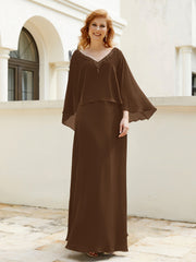 Robe de A-ligne en Mousseline à Col en V avec Volants Perlé en Cascade Brun Grande Taille